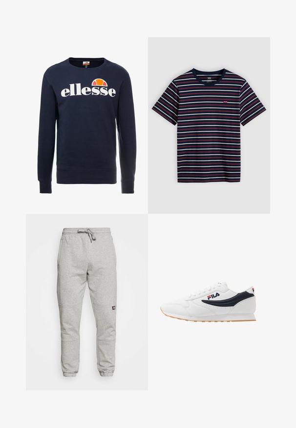 Tummansininen collegepaita, joka on valmistettu puuvillasekoitteesta. Paidassa on valkoinen "ellesse"-logo ja oranssi puoliympyrälogo logon yläpuolella. Rypytetty kaula-aukko ja ribbaus hihansuissa.; Laivastonsininen lyhythihainen T-paita, jossa valkoiset ja punaiset vaakaraidat sekä pieni punainen Levi's-logo rinnassa.; Harmaat collegehousut, jotka on valmistettu puuvillasekoitteesta, jossa on joustava vyötärönyöri, kapenevat lahkeet ja pieni logopatchi sivussa.; Valkoiset sneakers, joissa on tummansinisiä yksityiskohtia, nahkamainen materiaali, nauhakiinnitys, näyttävä logo, teksturoitu kumipohja ja rei'itetyt yksityiskohdat.