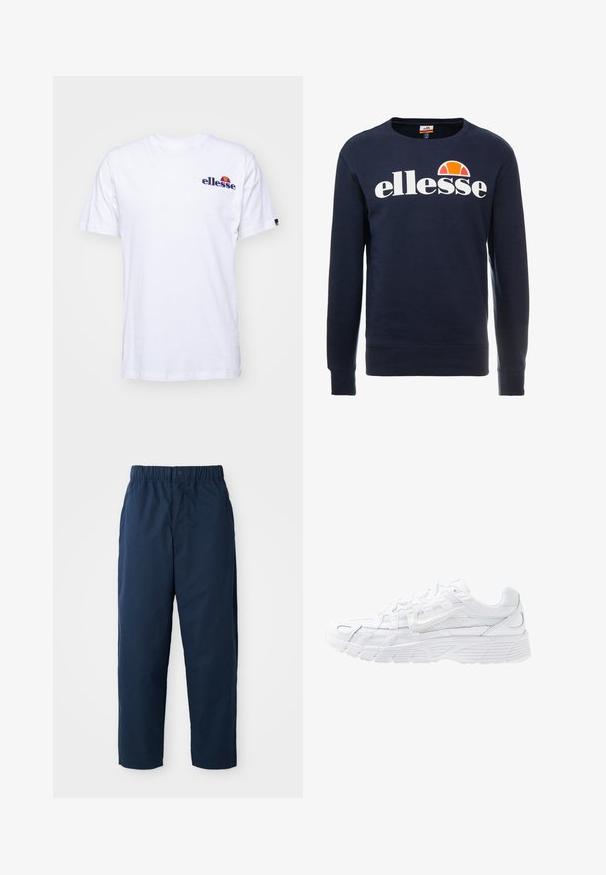 Námornícky modrý sveter vyrobený z bavlnenej zmesi, s bielym logom "ellesse" a polkruhovou grafikou v oranžovej farbe nad logom. Okrúhly výstrih a pružné manžety.; Biela bavlnená tričko s krátkymi rukávmi, na ľavej hrudi s námornícko modrým vyšitým logom a živou farebnou akcentáciou nad logom.; Námornícke modré nohavice vyrobené z hladkej látky, s elastickým pásom a gombíkom, priame nohy a žiadne viditeľné vzory ani kovové prvky.; Nike Sportswear P 6000 UNISEX - Tenisky - white/platinum tint