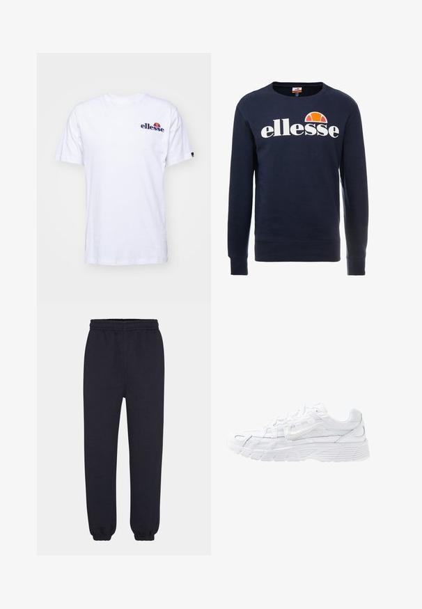 Navy blauwe sweatshirt gemaakt van katoenmix, met een wit "ellesse" logo en een semi-cirkel grafiek in oranje boven het logo. Ronde halslijn en geribde boorden.; Witte katoenen T-shirt met korte mouwen, voorzien van een marineblauw geborduurd logo op de linkerborst en een levendige kleurenaccent boven het logo.; Marineblauwe sweatpants met een elastische tailleband, taps toelopende benen en ribgebreide boorden. Gemaakt van zacht katoenmateriaal met een gladde textuur.; Nike Sportswear P 6000 - Sneakers laag - white/platinum tint