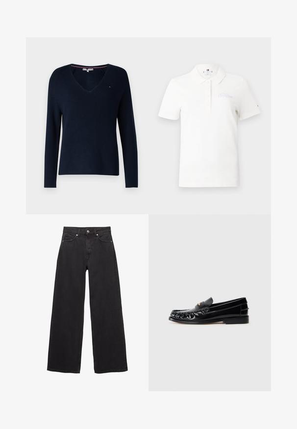 Marineblå strikket sweater med V-hals, lange ærmer, ribbet tekstur og kontrastfarvet indvendig krave. Har et diskret logoemblem.; Hvid kortærmet polo skjorte lavet af bomuld. Har en klassisk krave, knaplukning og broderet logo i lys lilla på brystet.; Sorte denim-jeans med brede ben, høj talje, fem lommer og knappelukning med diskrete syningsdetaljer.; Sorte læder loafers med rund tå, dekorativ sying og en lille gul accent på vampen. Flad gummisål, slankt design.