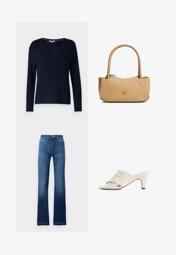 Marineblå strikket sweater med V-hals, lange ærmer, ribbet tekstur og kontrastfarvet indvendig krave. Har et diskret logoemblem.; Blå denim flared jeans med fem lomme-design, knaplukning og synlige sømme langs sømmene, med en let falmet finish.; Beige højhælede mules med et snoet læderstropdesign, åben tå og præget logoaccent. Hælen har en sort spidsdetalje.; Beige læderhåndtaske med afrundede håndtag, lille gyldent logo centreret foran og lynlås lukning øverst.