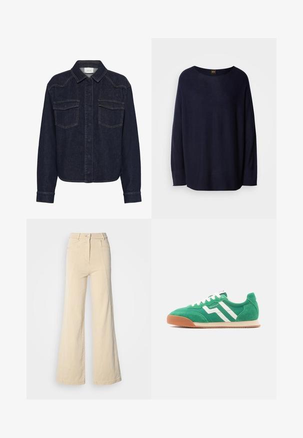 Pull bleu marine en tissu doux, avec un col rond, des manches longues et une coupe décontractée. Aucun motif ni détail en métal visible.; Veste en denim foncé avec un col, fermeture à boutons sur le devant, deux poches poitrine et manches longues. Surpiqûres contrastantes sur l'ensemble.; Jeans beige à jambes larges avec taille haute, poches avant, et couture contrastée, dotés d'une fermeture à bouton et d'une texture en coton lisse.; Baskets en daim vert avec des rayures et des lacets blancs, dotées d'une semelle en caoutchouc naturel. Design classique avec un style athlétique rétro.