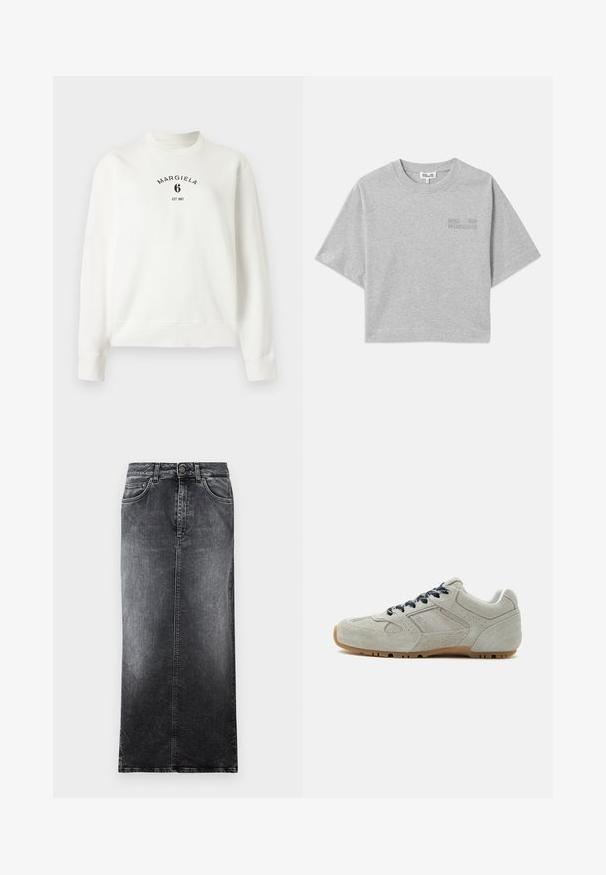 Weißes Sweatshirt mit langen Ärmeln, geripptem Kragen, Bündchen und Saum, mit schwarzem Aufdruck „Margiela 6 EST 1997“ auf der Brust.; Graues, kurz geschnittenes T-Shirt mit kurzen Ärmeln, aus weicher Baumwolle. Verfügt über ein dezentes geprägtes Logo auf der Vorderseite und einen runden Halsausschnitt.; Schwarzer Jeans-Maxikleid mit geradem Schnitt, ausgestattet mit fünf Gürtelschlaufen, zwei Vordertaschen und einer verwaschenen Textur.; Hellgrauer Wildleder-Sneaker mit dunkelblauen Schnürsenkeln und gumminoppensohle, von der Seite vor weißem Hintergrund dargestellt.