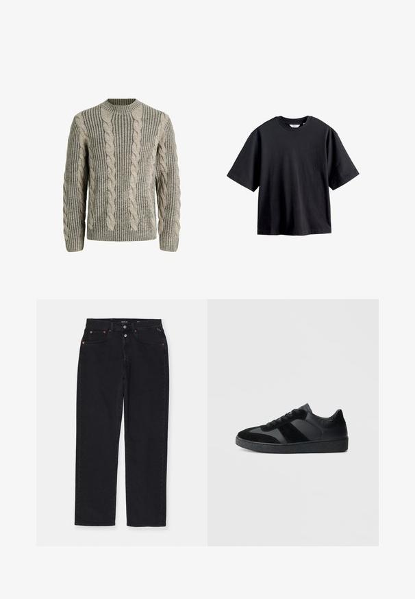 Beige kabelstrikket sweater med ribbet tekstur, rund halsudskæring og lange ærmer. Har et fremtrædende flettet mønster foran.; Sort oversized kortærmet T-shirt med rund halsudskæring og synligt nakkemærke, vist på en hvid baggrund.; Sorte denimbukser med lige snit, fem lomme-design, metalhardware og subtile syninger. Blød tekstur, minimalt design.; Sorte sneakers med en kombination af glat læder og ruskind, med en tekstureret sort gummisål og subtil stripingdetalje.