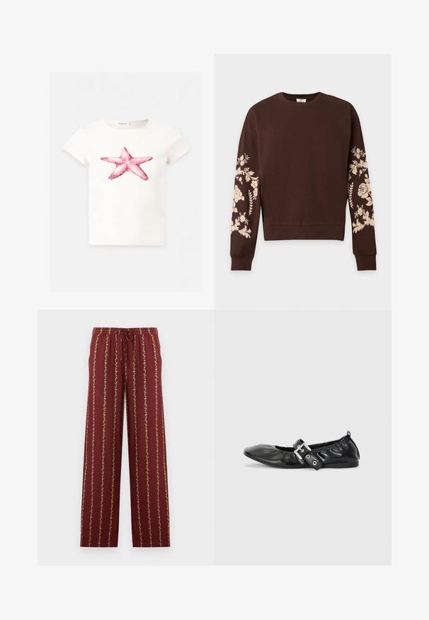 Sweat-shirt marron à manches longues avec motifs floraux beige clair sur les deux manches et poignets et ourlet côtelés.; T-shirt blanc à manches courtes avec un grand motif d'étoile de mer rose centré à l'avant.; Pantalon bordeaux à cordon de serrage avec rayures florales jaunes verticales, taille élastique et coupe droite sur fond blanc.; Chaussure plate en cuir noir avec un nez pointu, des détails froncés autour de l'ouverture et un accent en boucle argentée sur la bride ajustable.