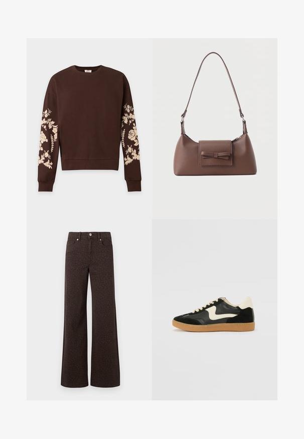 Brauner langärmliger Sweatshirt mit hellbeigen Blumenmustern auf beiden Ärmeln und gerippten Bündchen und Saum.; Braune Schlagjeans mit subtilen Leopardenmuster, gefertigt aus Denim mit glatter Textur und klassischem Fünf-Taschen-Design.; Schwarze Wildleder- und Leder-Sneaker mit einem cremefarbenen Seiten-Swoosh und einer hellcremefarbenen Ferse. Ausgestattet mit beige Schnürsenkeln und einer Gummilaufsohle.; Braune Leder-Umhängetasche mit einer vorderen Klappentasche, die ein gestepptes Schleifendetail und einen verstellbaren Riemen aufweist.
