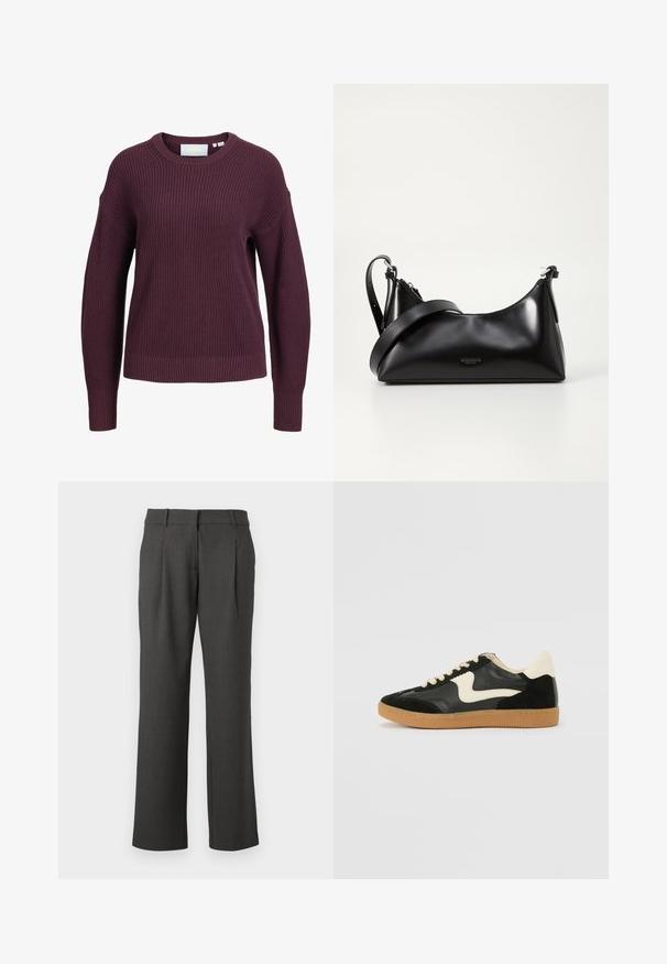 Pull en maille violet à manches longues avec poignets, ourlet et col rond côtelés, présenté sur fond blanc.; Pantalons formels gris foncé avec des jambes droites, des passants de ceinture et des plis avant, présentés sur un fond blanc.; Baskets en daim et cuir noir avec un swoosh latéral crème et un talon crème clair. Dotées de lacets beige et d'une semelle en caoutchouc gomme.; Sac à main en cuir noir avec une texture lisse. Dispose d'une bandoulière adjustable et d'un design élégant et minimaliste avec une fermeture éclair.