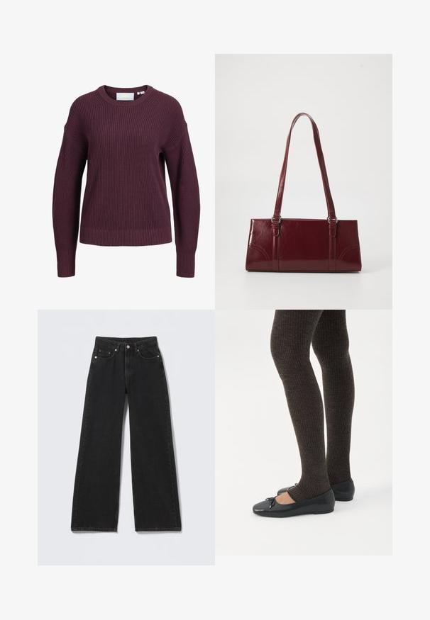 Lilla strikket langærmet sweater med ribstrikkede manchetter, kant og rund halsudskæring, vist på en hvid baggrund.; Sorte højttaljede bredbenede jeans med knap- og lynlåslukning foran, bæltestropper og fem forlommer på en lys baggrund.; Ben iført mørke ribbede leggings kombineret med sorte balletsko med små sløjfedetaljer på hvid baggrund.; Bordeaux håndtaske lavet af glansfuldt materiale, rektangulær form, med to skulderremme og subtile buede detaljer på forsiden.