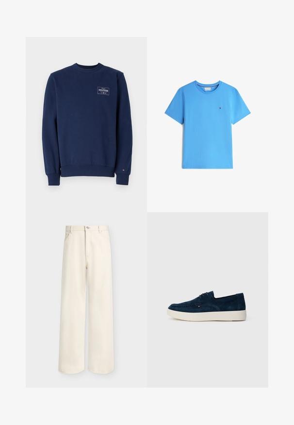 Sweatshirt en coton bleu marine avec un col rond, des poignets et un ourlet côtelés. Présente un patch logo blanc sur la partie gauche de la poitrine. Texture lisse.; T-shirt uni bleu clair à manches courtes et col rond avec petit logo rectangulaire sur la poitrine gauche.; Pantalon large couleur blanc cassé avec bouton et fermeture éclair à l'avant, passants pour ceinture et deux poches avant, présenté sur un fond uni.; Chaussures en daim bleu marine au profil bas, à bout arrondi et semelle en caoutchouc blanc. Équipées de lacets gris et d'un petit détail de logo sur le côté.