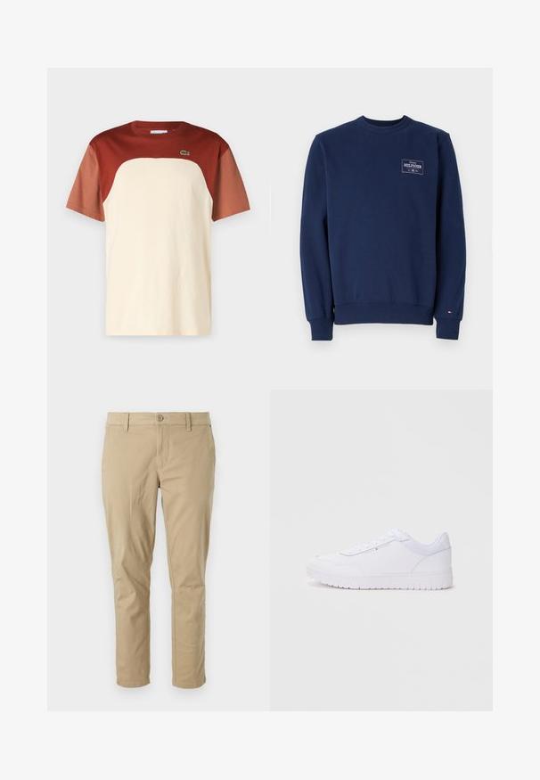 Tummansininen puuvillainen collegepaita, jossa on pyöreä kaula-aukko ja ribbineulos hihansuissa ja helmoissa. Vasemmassa rinnassa on valkoinen logotarra. Sujuva pinta.; Värgblockad t-shirt med en krämfärgad kropp och vinröda ärmar, rund halsringning och en liten grön logotyp på bröstet. Tillverkad av bomull.; Beige puuvillatrikoot, joissa on kapea leikkaus, napin suljenta, vyölenkit ja suorat lahkeet. Tasainen rakenne, ilman huomattavia kuvioita.; Valkoiset lenkkarit, joissa on synteettinen päällinen, pyöreä kärki, nauhakiinnitys ja teksturoitu kumipohja. Sivussa on hienovarainen brändäys. Yksinkertainen muotoilu.