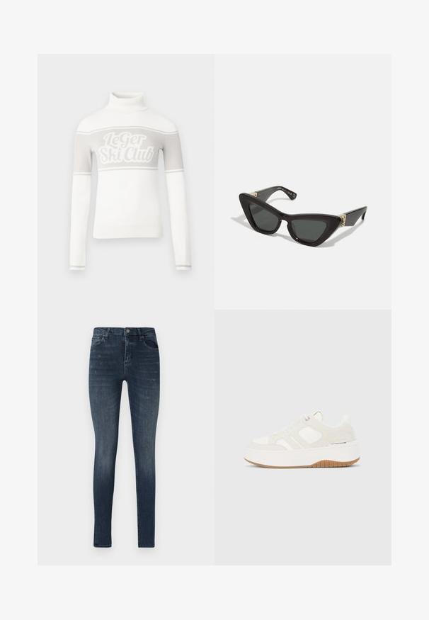 Hvid rullekrave sweater med et lysegråt "Le Ger Ski Club" motiv og grå striber over brystet. Ribstrikkede ærmeafslutninger og kant.; Slanke denim jeans i mørkeblå, med fem lomme-design, let slidser og en knaplukning i taljen.; Hvid og beige plateau-sneaker med snørelukning foran og gummisål, sideskilt og syninger på panelerne.; Cat-eye solbriller med sorte plastisk rammer og mørke linser. Har hardware accenter i guldfarve ved tindingerne. Glat overflade.