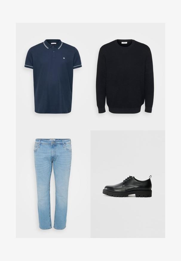 Pull en laine noir avec une surface texturée, col rond, manches longues, et bords côtelés aux poignets et à l'ourlet. Pas de logos ni de détails supplémentaires visibles.; Polo shirt bleu marine en tissu texturé, avec un col classique, trois boutons et des finitions blanches sur les manches et le col. Petit logo sur la poitrine.; Jeans en denim bleu clair avec une coupe droite, cinq poches, décoloration subtile et fermeture à bouton. Détails cousus sur les poches.; Chaussure en cuir noir à bout arrondi, présentant un design à lacets, une semelle en caoutchouc noire robuste et un petit onglet de talon à l'arrière.
