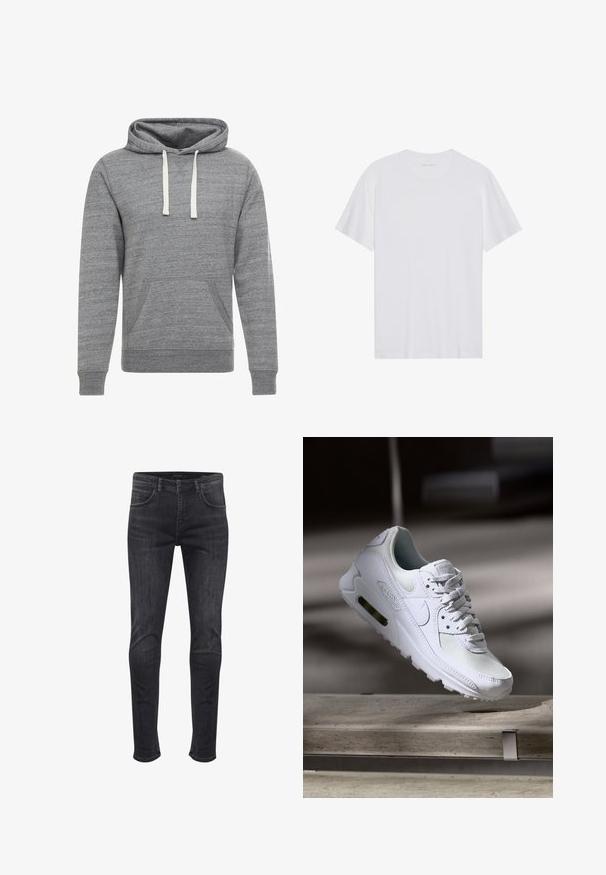 Grauer Kapuzenpullover aus weichem, strukturiertem Stoff. Mit einer frontalen Kängurutasche und weißen Kordeln. Klassisches Pulloverdesign.; Weißes Baumwoll-T-Shirt mit kurzen Ärmeln, Rundhalsausschnitt und glatter Textur. Verfügt über eine minimale Markenkennzeichnung am Halsausschnitt.; Hoch sitzende Skinny-Jeans aus dunkelgrauem Denim, mit seitlichen und hinteren Taschen, einem vorderen Knopfverschluss und dezenten Ausbleichdetails.; Weiße Nike Air Max 90 Sneaker mit einem Obermaterial aus Mesh und Leder, durchlässigem Zehenbereich und einer sichtbaren Air-Einheit in der Ferse.