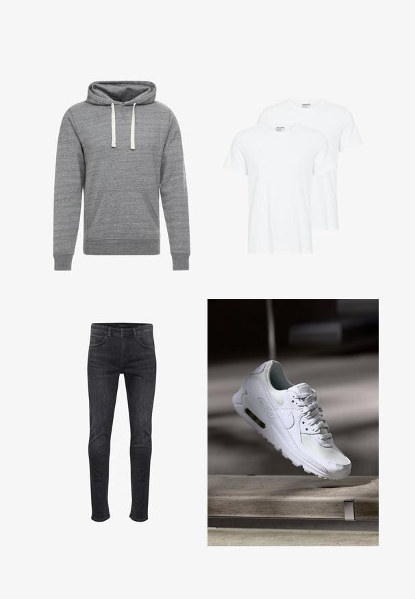 Grijze hoodie gemaakt van zachte, textuurrijke stof. Voorzien van een voorzak en witte trekkoorden. Klassiek ontwerp als pullover.; Twee effen witte T-shirts met korte mouwen en ronde hals die elkaar overlappen op een witte achtergrond.; Skinny-fit jeans in donkergrijs denim, met zij- en achterzakken, een knoopsluiting aan de voorkant en subtiele vervagingdetails.; Witte Nike Air Max 90 sneaker met een bovenwerk van mesh en leer, een geperforeerde teenbox en een zichtbare luchtunit in de hiel.