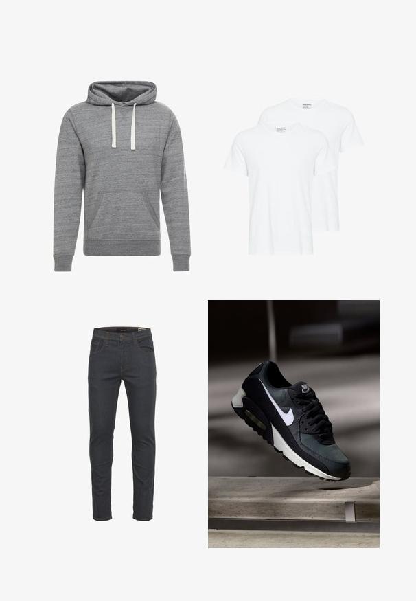 Sweatshirt à capuche grise en tissu doux et texturé. Présente une poche kangourou sur le devant et des cordons blancs. Design classique à enfiler.; Deux t-shirts blancs unis à manches courtes et col rond qui se chevauchent sur un fond blanc.; Jeans en denim bleu foncé avec une coupe slim, dotés de cinq poches, d'une fermeture par bouton et zip, et d'une couture contrastante. Texture lisse.; Baskets Nike Air Max noires et grises avec un logo blanc, suspendues au-dessus d'une surface en béton sur un fond sombre flou.