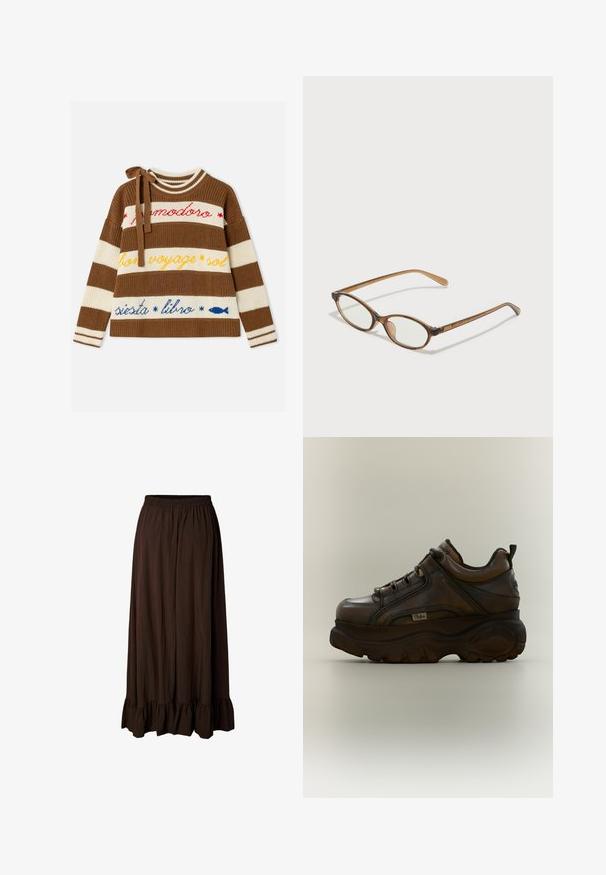 Pull en maille à rayures marron et crème. Comprend un texte coloré en rouge, jaune et bleu. Doté d'un détail de col noué et de manches larges.; Jupe longue marron foncé avec taille élastique et ourlet à volants, en tissu léger légèrement texturé.; Baskets à plateforme en cuir marron foncé avec semelle épaisse, lacets à l’avant, col rembourré et languette au talon, tournées vers la gauche sur fond uni.; Lunettes en écaille de tortue marron avec des verres ovales, des branches fines et des accents transparents. Présente un logo subtil sur la branche. Design élégant et léger.