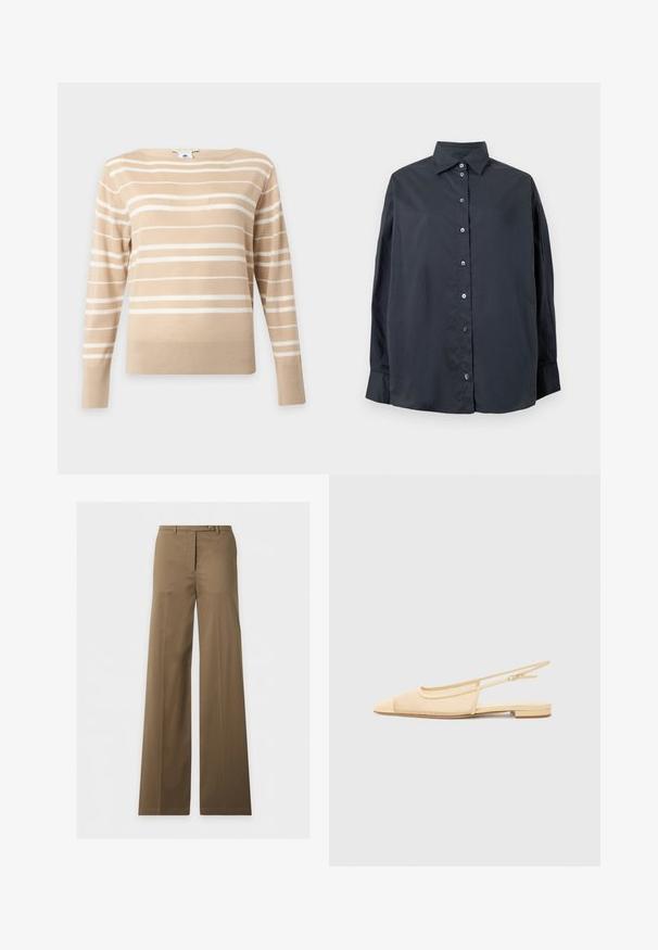 Pull beige à manches longues avec des rayures horizontales blanches et un col rond sur un fond clair uni.; Chemise noire à manches longues, avec col et poignets, présentée à plat sur un fond blanc.; Pantalon marron taille haute à jambes larges, avec passants de ceinture, fermeture à bouton et plis marqués sur le devant, présenté sur fond blanc.; Chaussure plate slingback en beige clair avec une tige en maille, un bout pointu et un petit talon. Dotée d'une sangle ajustable pour un bon maintien.