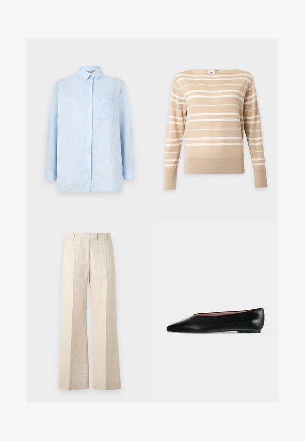 Pull beige à manches longues avec des rayures horizontales blanches et un col rond sur un fond clair uni.; Chemise bleu clair à manches longues avec boutons, col et une poche poitrine unique sur fond blanc.; Pantalon beige taille haute à jambes droites avec plis devant, passants pour ceinture et fermeture avant dissimulée.; Chaussure plate en cuir noir pour femme, avec bout pointu et petit talon, vue de côté sur un fond gris clair uni.