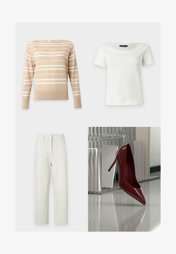 Pull beige à manches longues avec des rayures horizontales blanches et un col rond sur un fond clair uni.; Haut blanc en coton à manches courtes pour femmes avec un large col rond sur un fond clair uni.; Pantalon beige clair à jambes droites avec une texture lisse, doté d'une ceinture plate, de passants pour ceinture et de deux poches avant.; Chaussure à talon haut brillante rouge foncé à bout pointu, posée sur un sol gris réfléchissant près d'un organiseur de dossiers en métal.