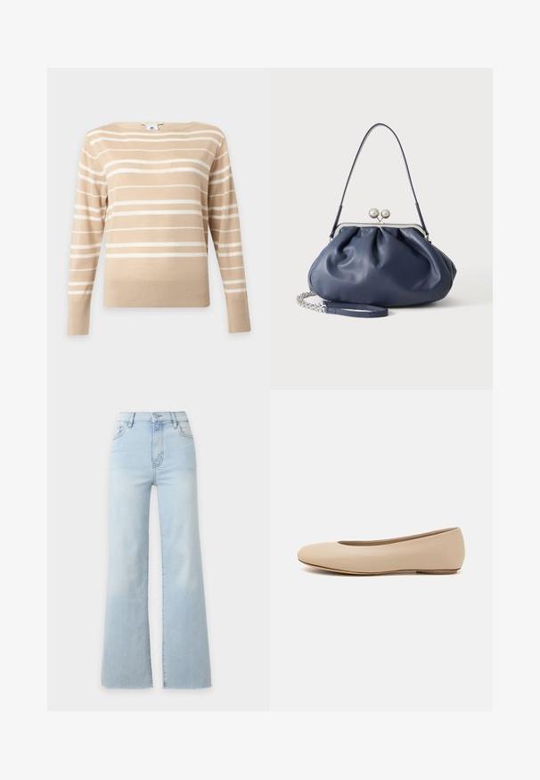 Pull beige à manches longues avec des rayures horizontales blanches et un col rond sur un fond clair uni.; Jean en denim bleu clair taille haute avec jambes larges, fermeture à boutons et zip à l’avant, et poches avant, présenté sur un fond uni.; Ballerines en cuir beige avec un bout arrondi, un minimum de coutures, un petit talon et un logo subtil à l'arrière. Texture lisse et mate.; Sac à main en cuir bleu marine doux avec fermeture à boucle argentée, une seule bandoulière, et une chaîne de poignet amovible sur fond blanc.