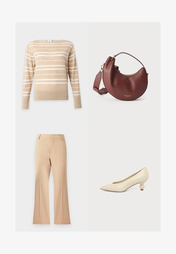 Beige langærmet sweater med hvide horisontale striber og rund hals på en ensfarvet lys baggrund.; Beige brede bukser med en glat tekstur, der har en mid-rise talje og rene frontfolder. Simpel design, ingen synlige udsmykninger.; Kremfarvet damesko med spids snude og lav hæl, hvor hælen er rund og kugleformet, på en ensfarvet baggrund.; Brun læder håndtaske i halvmåneform med gylden lynlås og justerbar skulderrem på hvid baggrund.