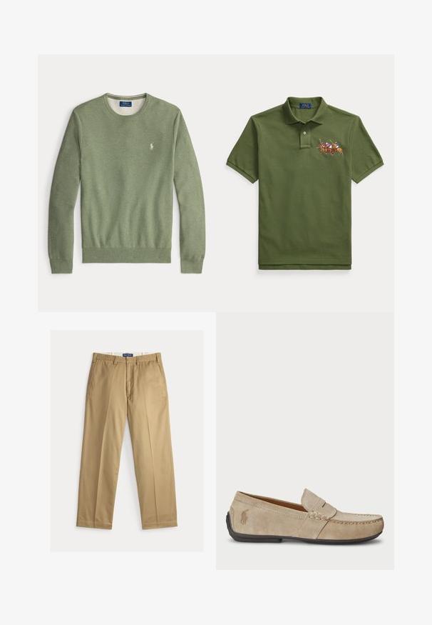 Svetlozelený sveter s kruhovým výstrihom a jemnou pleteninou, dlhé rukávy, rebrované manžety a spodný lem, a malé biele vyšívané logo Polo Ralph Lauren na hrudi.; Olivovo zelené polo tričko s krátkym rukávom, s dvoma gombíkmi a vyšívaným dizajnom troch hráčov póla na koňoch na hrudi.; Béžové chino nohavice z bavlnenej tkaniny. Strih s rovnými nohavicami, s hladkým predným dielom, dvomi bočnými vreckami a pásom so zapínaním na gombík.; Béžové semišové mokasíny s prešívaním, plochou gumenou podrážkou a malým logom na strane. Klasický dizajn na obúvanie, mäkká textúra.