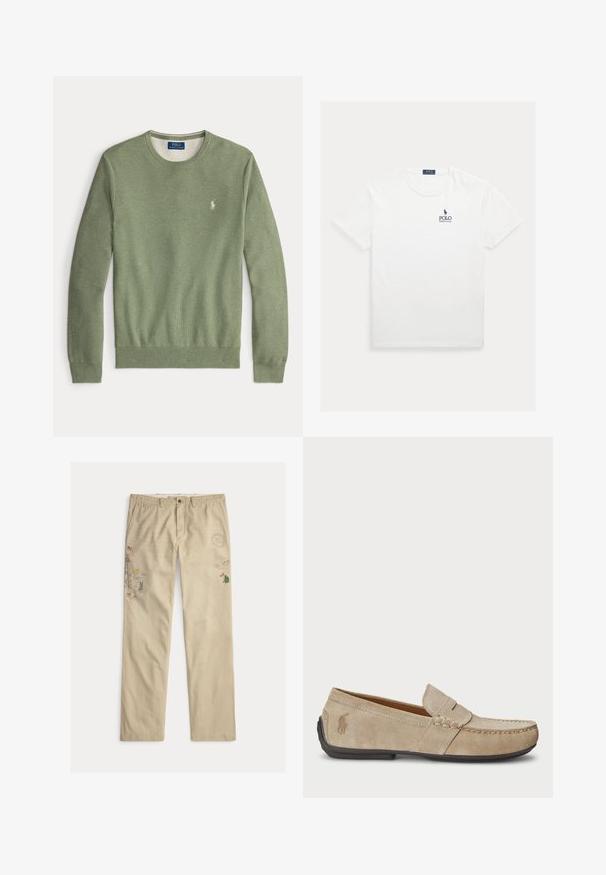 Suéter de cuello redondo verde claro con una textura de tejido fino, mangas largas, puños y dobladillo acanalados, y pequeño logo bordado en blanco de Polo Ralph Lauren en el pecho.; Camiseta blanca de manga corta y cuello redondo con pequeño logo Polo Ralph Lauren azul marino en el pecho izquierdo.; Pantalones de algodón beige con gráficos bordados, incluyendo árboles y montañas, con cierre de botón y presillas para cinturón.; Mocasines de ante beige con detalle cosido, suela de goma plana y un pequeño logotipo en el lateral. Diseño clásico de slip-on, textura suave.