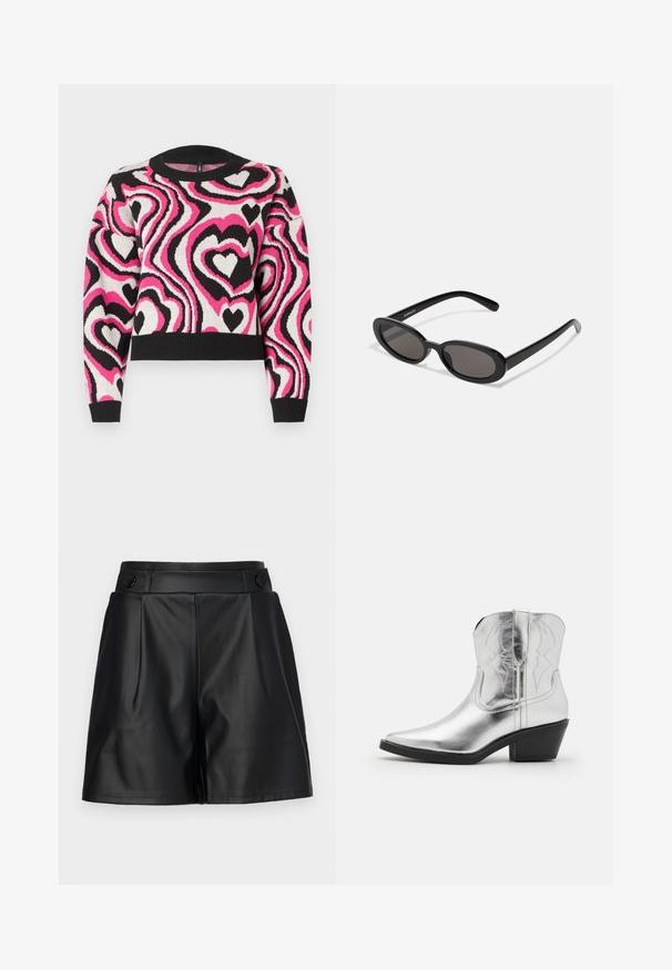 Striktrøje med et bølget mønster af pink, hvide og sorte hjerter. Ribbet halsudskæring og cuffs; cropped design. Blød tekstur.; Sorte faux lædershorts med plisseret front, brede ben og knapdetaljer på taljen. Glat tekstur, skræddersyet design.; Sølvfarvede læder cowboy-støvler med spidse tæer, syede detaljer på skaftet og en moderat sort hæl. Glat og skinnende overflade.; Even&Odd by Zalando Solbriller - black