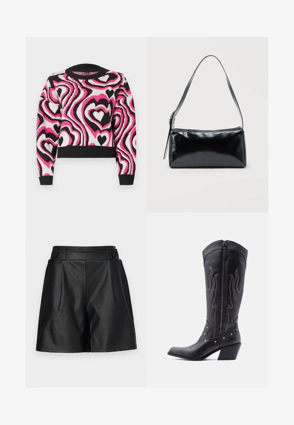 Striktrøje med et bølget mønster af pink, hvide og sorte hjerter. Ribbet halsudskæring og cuffs; cropped design. Blød tekstur.; Sorte faux lædershorts med plisseret front, brede ben og knapdetaljer på taljen. Glat tekstur, skræddersyet design.; Sorte cowboystøvler i læder med spids tå, synlige sømme, sølvfarvede nitte-detaljer og lynlås på den indvendige side.; Sort rektangulær skuldertaske med en enkelt justerbar rem og lynlås i toppen på en ensfarvet baggrund.