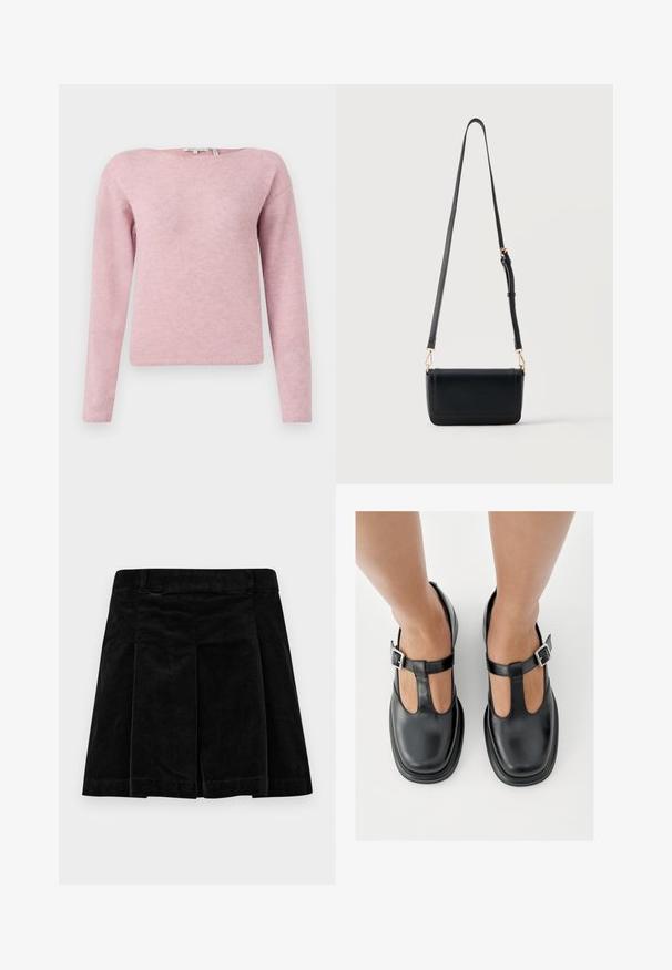 TOM TAILOR DENIM SOFT BOAT NECK - Striktrøje - antique rose; Sort fløjlskørt med plisseret design, der har en lige snit, tekstureret overflade og en talje for en sikker pasform.; Sorte lædersko med T-rem-design, lukket tå og sølvfarvede spændeaccenter. Glat tekstur med rundet tå og flad sål.; Sort læder crossbody-taske med justerbar strop og guldfarvede spænder, rektangulært formet, sat mod en ensartet lys baggrund.