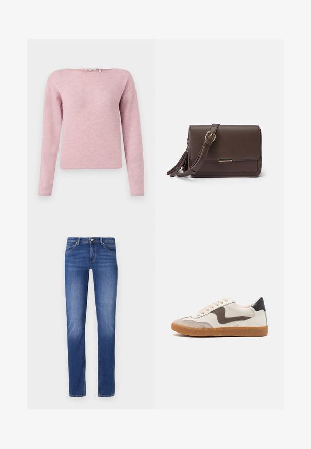 TOM TAILOR DENIM SOFT BOAT NECK - Striktrøje - antique rose; Blå denimjeans med lige ben, forlommer og en klassisk knap- og lynlåslukning. Let tekstureret med syninger som detaljer.; Sneakers med en cremefarvet læderoverdel, en mørkebrun svine læder detalje, beige snørebånd og en gummigummisål; klassisk lavprofil design.; Brun faux læder crossbody taske med klaplukning, hardware i guldtone og sidepompom detalje. Justerbar rem for alsidig brug.