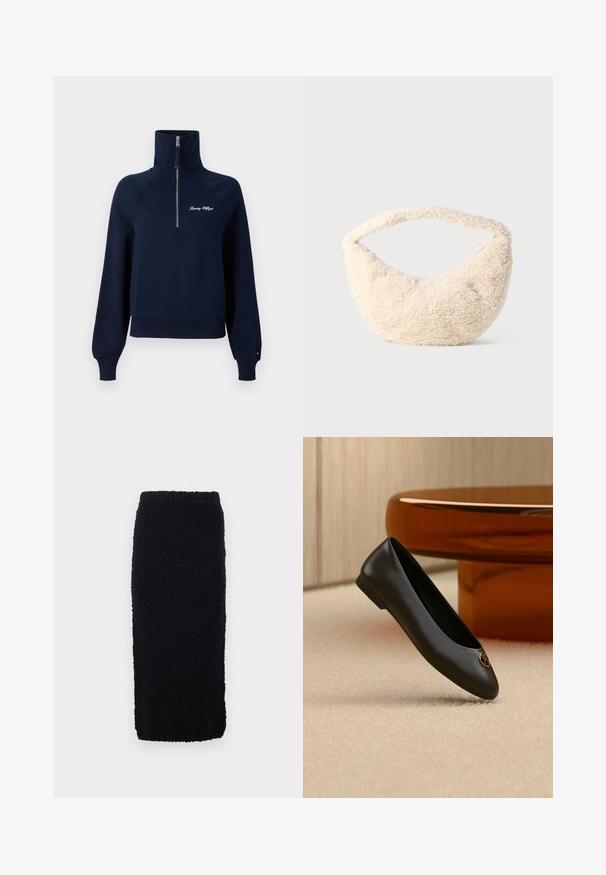 Pull-over mi-zip en bleu marine fabriqué en matériau doux, avec un col haut, des poignets côtelés et un logo brodé sur la poitrine.; Jupe noire en tricot, longueur genou, avec une surface texturée et une coupe droite. La taille est élastiquée pour le confort.; Ballerine plate en cuir noir avec un bout rond et un emblème de logo doré près du bout, présentée sur un tapis beige et un fond de meubles marron.; Sac de couleur crème avec une texture douce et duveteuse. Forme courbée et large sangle pour le porter. Design simple, sans matériel ou accents visibles.