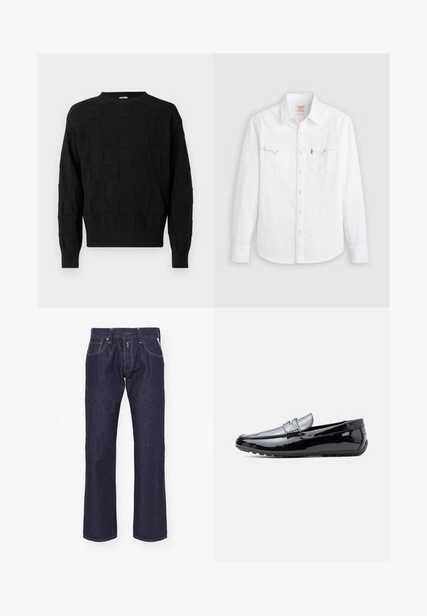 Sort strikket sweater med et tekstureret kvadratisk mønster, rund halsudskæring samt ribbede manchetter og kant. Blødt materiale med en afslappet pasform.; Hvid langærmet skjorte med knapper, spids krave, to brystlommer med klapper og trykknapper foran og ved manchetterne.; Mørkeblå denim jeans med lige ben-design. Funktioner inkluderer en knaplukning, fem lommer og kontrastsyning.; Sort laklæder loafer med lav hæl, slip-on design og dekorativ rem tværs over toppen, vist i sideprofil på hvid baggrund.