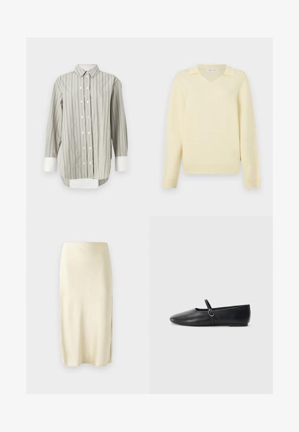 Suéter amarillo de cuello en v con un cuello estructurado, hecho de material suave, con mangas largas y detalles de ribete acanalado en el dobladillo.; Camisa a rayas en gris y blanco, con un cuello clásico, cierre de botones con botones blancos, y puños en blanco contrastante. Mangas largas.; Falda midi de satén en amarillo pálido con una textura suave, que presenta una abertura lateral y un diseño de corte recto. Silueta simple y elegante.; Bailarinas de cuero negro con punta afilada, suela plana y una pequeña correa con detalle de hebilla plateada.
