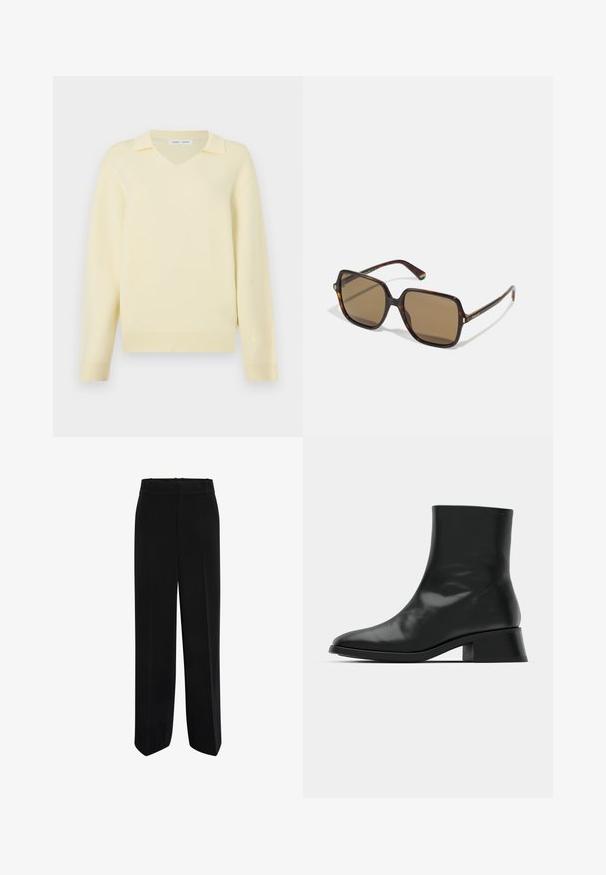 Pull jaune à col en V avec un col structuré, fabriqué en matériau doux, doté de manches longues et de détails côtelés à l'ourlet.; Pantalons larges noirs en tissu lisse, avec une taille haute et un design à l'avant plat, sans poches ni embellissements.; Bottine noire en cuir brillant, au design épuré, avec un bout pointu et un petit talon bloc pour plus de stabilité.; Lunettes de soleil teintées marron avec une forme carrée et un motif écaille de tortue. Présentent des charnières robustes et un logo discret sur les branches.