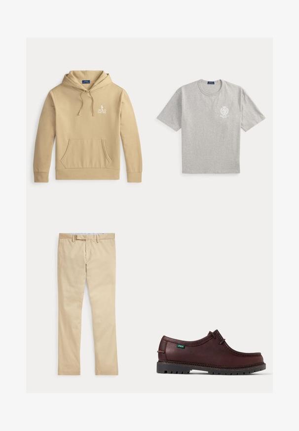 Béžová mikina s kapucňou, predným vreckom a logom Polo Ralph Lauren na ľavej strane hrudníka.; Svetlosivé tričko s krátkym rukávom s malým bielym logom Polo Ralph Lauren a erbom na ľavej strane hrudníka a modrou značkovou štítkom vo vnútri goliera.; Béžové nohavice s rovnými nohavicami, s pútkami na opasok a predným zipsom, položené na bielom pozadí.; Tmavohnedá kožená mokasínová obuv s čiernou robustnou podrážkou a zelenou značkou Polo na boku, zobrazená z bočného pohľadu.