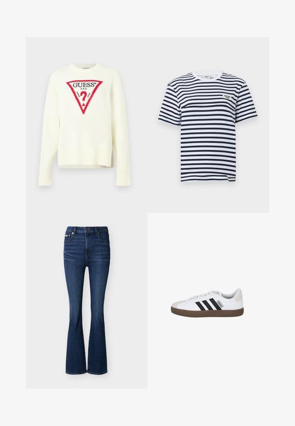 Crème gebreide trui met rood en zwart Guess-logo in de vorm van een driehoek en een vraagteken, gecentreerd op de borst, geribbelde manchetten en zoom, lange mouwen.; Heren T-shirt met korte mouwen in zwart-witte horizontale strepen, met een ronde hals en het logo "JOOP! JEANS" op de linkerborst.; Donkerblauwe high-waist spijkerbroek met een lichte uitlopende pijp aan de onderkant, knoopsluiting aan de voorkant, ritssluiting en voor- en achterzakken.; Witte sportieve schoen met drie zwarte strepen, een tan rubberen buitenzool en een lichtgrijze neus. Zachte textielvoering en een gemerkte zijlabel.