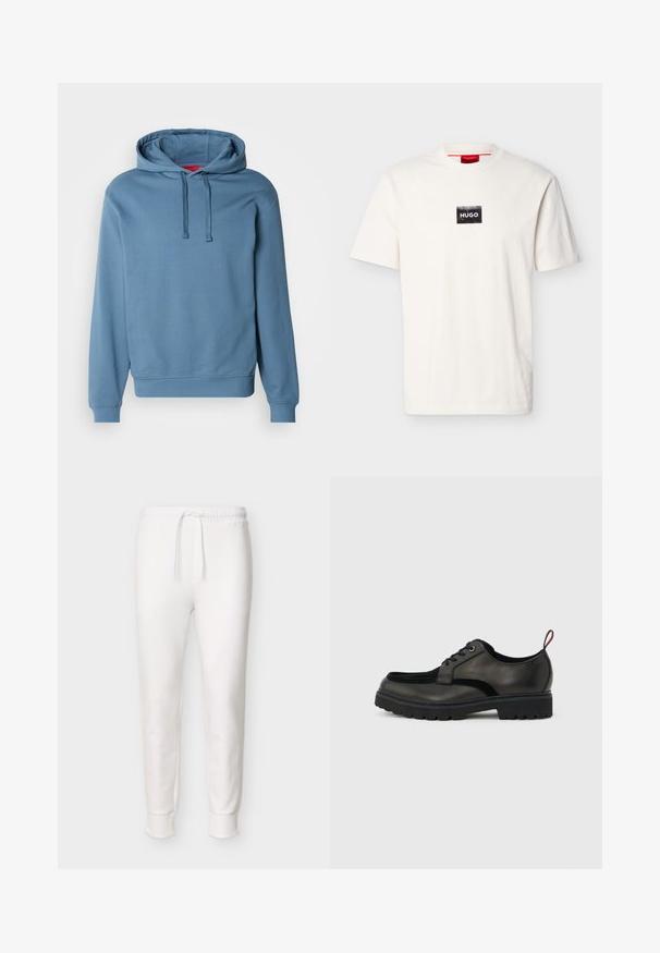 Sweat à capuche bleu en tissu de coton doux. Comprend une capuche avec cordon de serrage, des poignets et un ourlet côtelés, avec un logo discret embossé sur la poitrine.; T-shirt blanc à manches courtes avec col rond, doté d'un petit patch rectangulaire noir et du texte blanc "HUGO" sur la poitrine.; Pantalon jogger blanc à coupe slim avec taille élastique et cordon de serrage, poignets côtelés aux chevilles, présenté sur un fond uni.; Chaussure noire en cuir à lacets avec semelle épaisse crantée et languette rouge à l'arrière, vue de profil sur un fond gris clair.