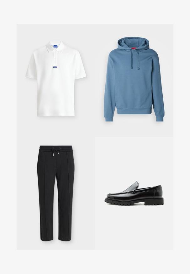 Sweat à capuche bleu en tissu de coton doux. Comprend une capuche avec cordon de serrage, des poignets et un ourlet côtelés, avec un logo discret embossé sur la poitrine.; Polo blanc à manches courtes avec col et boutons, comportant une étiquette logo "HUGO" bleue sur le col et la patte de boutonnage.; Pantalon noir fuselé avec une taille élastique et un cordon, présentant une subtile texture côtelée verticale.; Mocassin en cuir noir avec semelle en caoutchouc épaisse, dessus cousu et nom de marque embossé sur le talon, présenté de profil sur fond blanc.