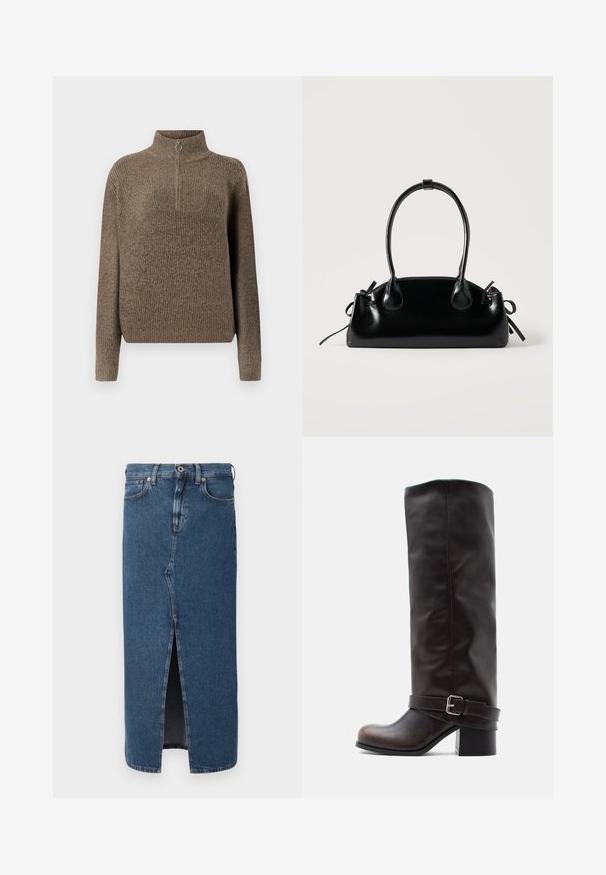 Brun ribbet striktrøje med høj hals og en lynlås foran med et rundt træk. Lange ærmer og en afslappet pasform.; Denim blyantskirt i mellemblå med en frontslids, klassisk fem-lomme design og knaplukning i taljen. Glat tekstur.; Mørkebrun læderstøvle til knæet med rund tå, lav blokhæle og dekorativ rem med sølvspænde ved anklen.; Lille sort blank håndtaske med to lange håndtag og snøre-detaljer i siden på en ensfarvet lys baggrund.