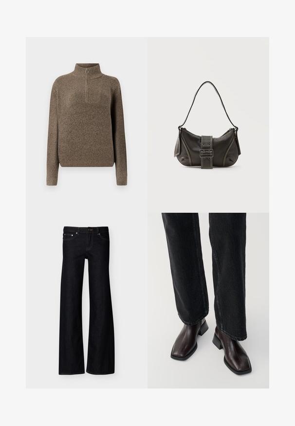 Pull en tricot côtelé marron avec un col haut et une fermeture éclair à l'avant dotée d'un tirette circulaire. Manches longues et coupe décontractée.; Jean denim noir à jambes larges avec poches avant, fermeture par bouton, et coutures apparentes, présenté sur un fond blanc uni.; Bottines en cuir marron avec un orteil carré et un talon carré, associées à un jeans noir à jambes larges. Texture lisse et design minimaliste.; Sac à épaule en cuir noir avec une sangle à boucle, des bords arrondis et des coutures blanches contrastées sur un fond uni.