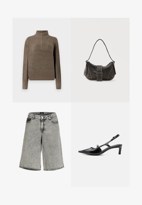Brun ribbet striktrøje med høj hals og en lynlås foran med et rundt træk. Lange ærmer og en afslappet pasform.; Denimshorts i falmet sort med løs pasform, der har høj talje, fem-lomme design og synlige syninger.; Sort laklæder spids tå slingback sko med lav hæl og to justerbare spænder, vist i sideprofil.; Sort læder skuldertaske med spænde på remmen, afrundede kanter og kontrasterende hvide syninger på en ensfarvet baggrund.