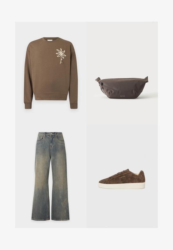 Sweat-shirt marron à col rond avec manches longues et un motif de fleur blanche brodée sur la poitrine gauche.; Jean bleu délavé à jambes larges avec poches avant et passants de ceinture, présenté sur un fond clair uni.; Baskets en daim marron avec une silhouette basse, un bout arrondi et une semelle en caoutchouc blanc. Elles présentent des lacets foncés et un logo discret sur le côté.; Sac banane en tissu marron foncé avec poche zippée en diagonale et petit logo blanc sur le devant, sur un fond clair uni.