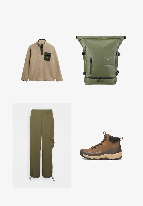 Sudadera de forro polar beige con un cuello alto, tapeta de presión verde y un bolsillo en el pecho. El material tiene un acabado suave y texturizado. Logo de montaña en el bolsillo.; Pantalones cargo verde oliva hechos de tejido ligero. Las características incluyen un cierre de botón, bolsillos laterales y puños ajustables con cordones.; Bota de senderismo de altura media en marrón y beige con collar acolchado negro, marca Gore-Tex, ojales de metal y suela Vibram.; Mochila verde de tipo roll-top con una superficie texturizada, correas ajustables, un bolsillo frontal con cremallera y detalles del logo en acentos blancos y negros.