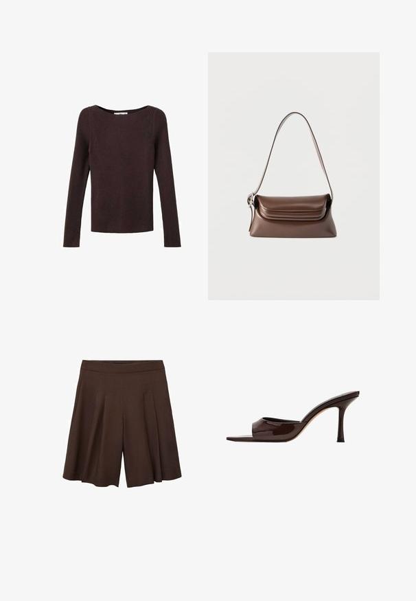 Pull en tricot côtelé marron foncé à manches longues avec un col rond, une coupe ajustée et un motif tricoté lisse et texturé.; Shorts plissés marron à taille haute. Le tissu semble lisse et léger, présentant des plis profonds et nets pour une silhouette fluide.; Mule en cuir verni marron foncé, à bout ouvert, avec une large bride et un talon haut fin sur fond blanc.; Sac à bandoulière en cuir marron avec une boucle argentée sur la sangle et un rabat à rabat, présenté sur un fond blanc.