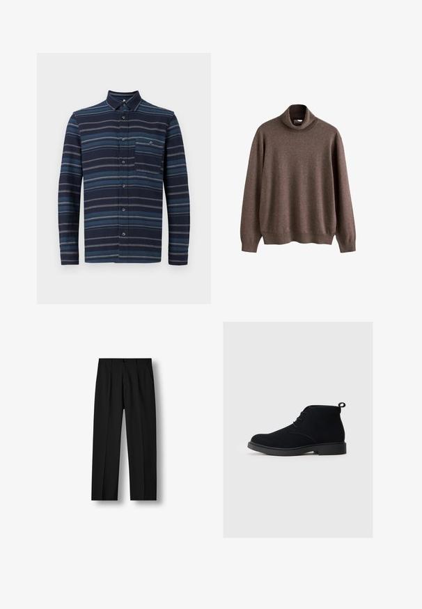 Brauner Rollkragenpullover aus weichem Stoff. Hat lange Ärmel und eine lockere Passform, mit geripptem Kragen und Saumdetails.; Langärmliges Hemd mit Knopfleiste in Navy mit unterschiedlichen blauen horizontalen Streifen, einem Kragen und einer Brusttasche. Weicher Stoff.; Schwarze gerade geschnittene Hose mit vorderen Falten, knöpfbarem Bund und Seitentaschen vor einem weißen Hintergrund.; Schwarze Wildleder-Ankle-Boots mit abgerundeter Zehenpartie, Schnürung an der Vorderseite und einer kleinen Schlaufe an der Rückseite. Fester schwarzer Gummisohle.