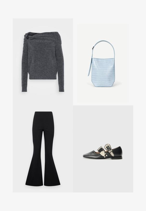 Pull gris en tricot avec un design dénudé sur les épaules, des manches longues et une surface texturée. Détail en torsion unique au niveau de l'encolure.; Pantalons noirs évasés en tissu extensible avec une texture lisse, présentant une taille haute et des jambes évasées en forme de cloche.; Chaussure plate en cuir noir avec un bout pointu, des accents de boucle en argent et des rivets décoratifs. Elle possède un petit talon et une texture lisse.; Sac à main bleu clair avec texture crocodile, forme rectangulaire, poignée unique en haut et une bandoulière latérale suspendue sur un fond blanc uni.