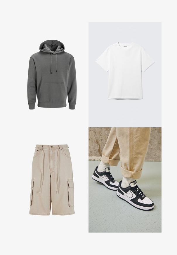 Grauer Kapuzenpullover aus weichem Stoff, mit einer vorderen Kängurutasche, verstellbaren Kordeln und gerippten Bündchen und Saum.; Weißes T-Shirt mit kurzen Ärmeln und Rundhalsausschnitt, flach liegend, schlichtes Design, mit „WEEKDAY“-Etikett innen im Kragen auf hellem Hintergrund.; Beige Cargo-Shorts aus Baumwolle mit einem Kordelzugbund, zwei Seitentaschen und einer einzelnen Seitentasche, mit sichtbaren Nähdetails.; Schwarz-weiße Nike Air Force 1 Sneaker mit einem Obermaterial aus Leder, perforierter Zehenpartie und strukturiertem Sohlendesign, getragen mit aufgerollten beigen Hosen und weißen Socken.
