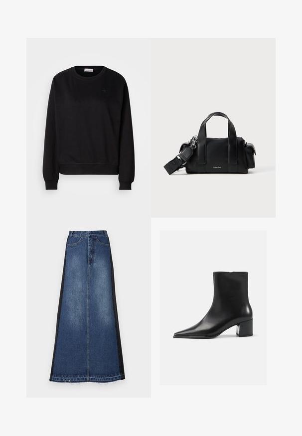 Sort sweatshirt lavet af blødt materiale, med rund hals, ribbede manchetter og et lille CK-logo på brystet. Simpelt, minimalistisk design.; Maxi nederdel i denim med en blå hovedfarve og sorte sidepaneler, lige pasform, frynset kant og klassisk femlomme-design.; Sort læder ankelstøvle med spidse tæer, glat tekstur og mellemhøj blokhæl. Minimalistisk design, lynlås lukning bagpå.; Sort lædertaske med to topbøjler og en aftagelig skulderrem. Har en lynlåslukning og et diskret logo foran.