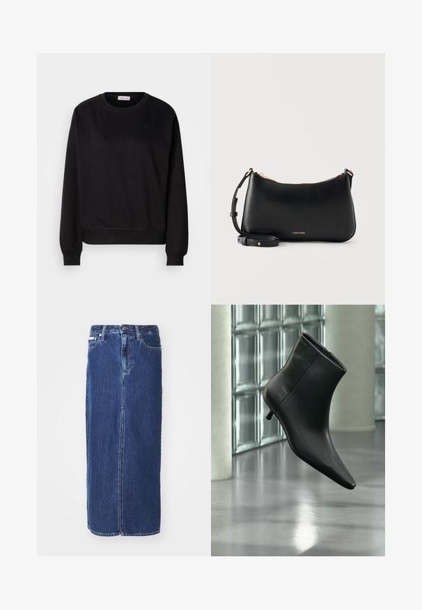 Zwarte sweatshirt gemaakt van zacht materiaal, met een ronde hals, ribgebreide manchetten en een klein CK-logo op de borst. Eenvoudig, minimalistisch ontwerp.; Donkerblauwe denim rok tot op de knie, met een vooruitsnijding, traditionele tailleband en vijf zakken met contrasterende stiksels.; Zwarte leren enkellaars met spits toelopende neus en lage kittenhak, schuin weergegeven tegen een gepolijste vloer en een glazen blokken muur als achtergrond.; Zwarte leren schoudertas van Calvin Klein met gouden rits en verstelbare band op een effen lichte achtergrond.